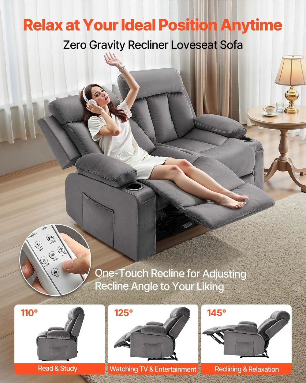 Vevor Loveseat Power Recliner Sofa with Heating and Massage Soft Velvet New