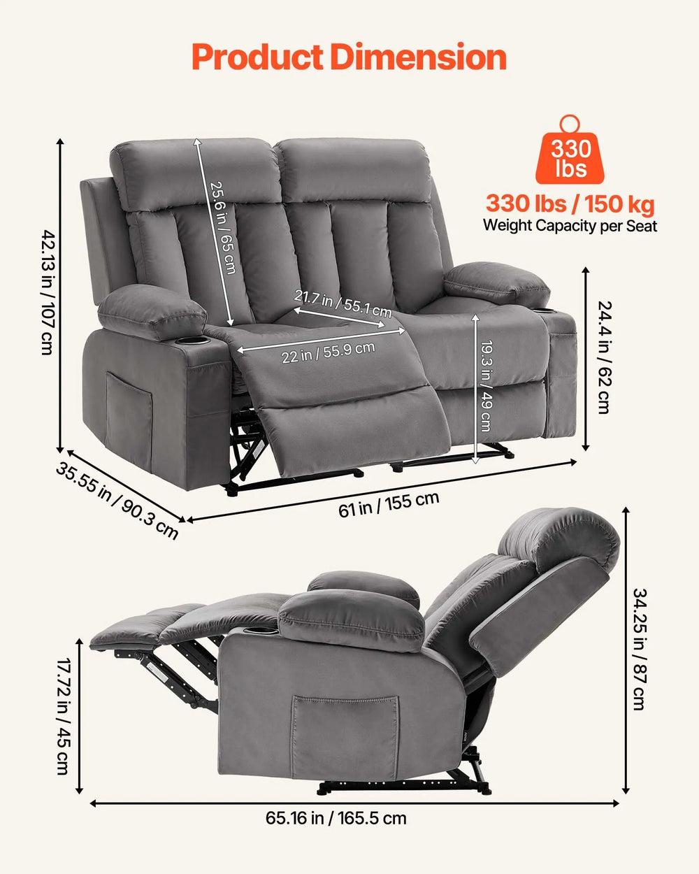 Vevor Loveseat Power Recliner Sofa with Heating and Massage Soft Velvet New