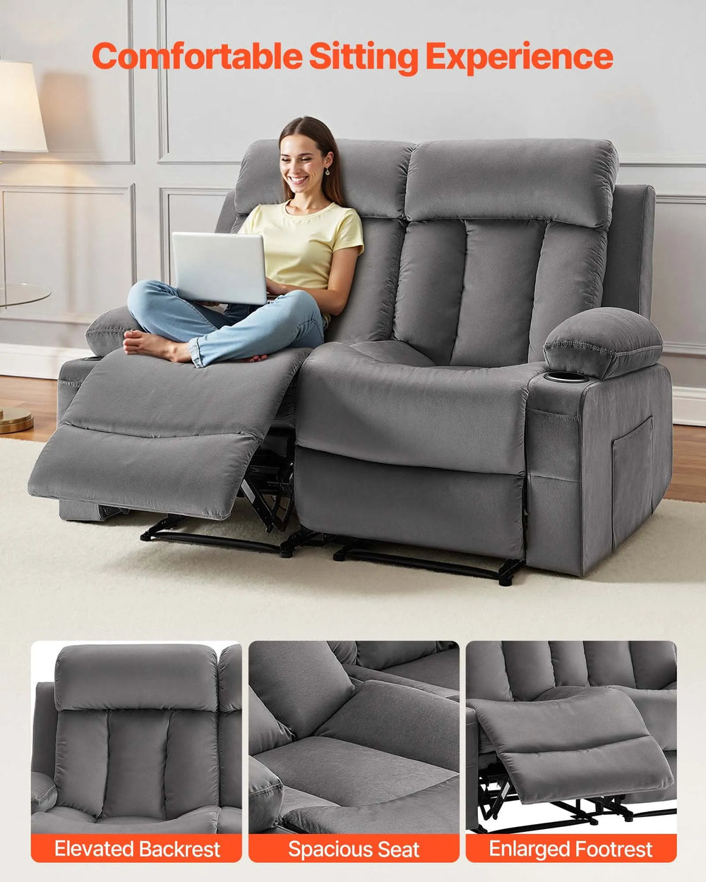 Vevor Loveseat Power Recliner Sofa with Heating and Massage Soft Velvet New