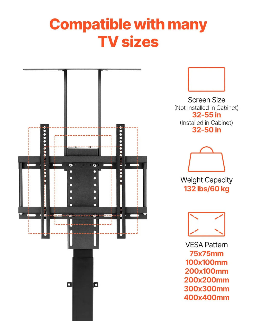 Vevor Motorized TV Stand Vertical Lift with Remote Control for 32-55" TVs New