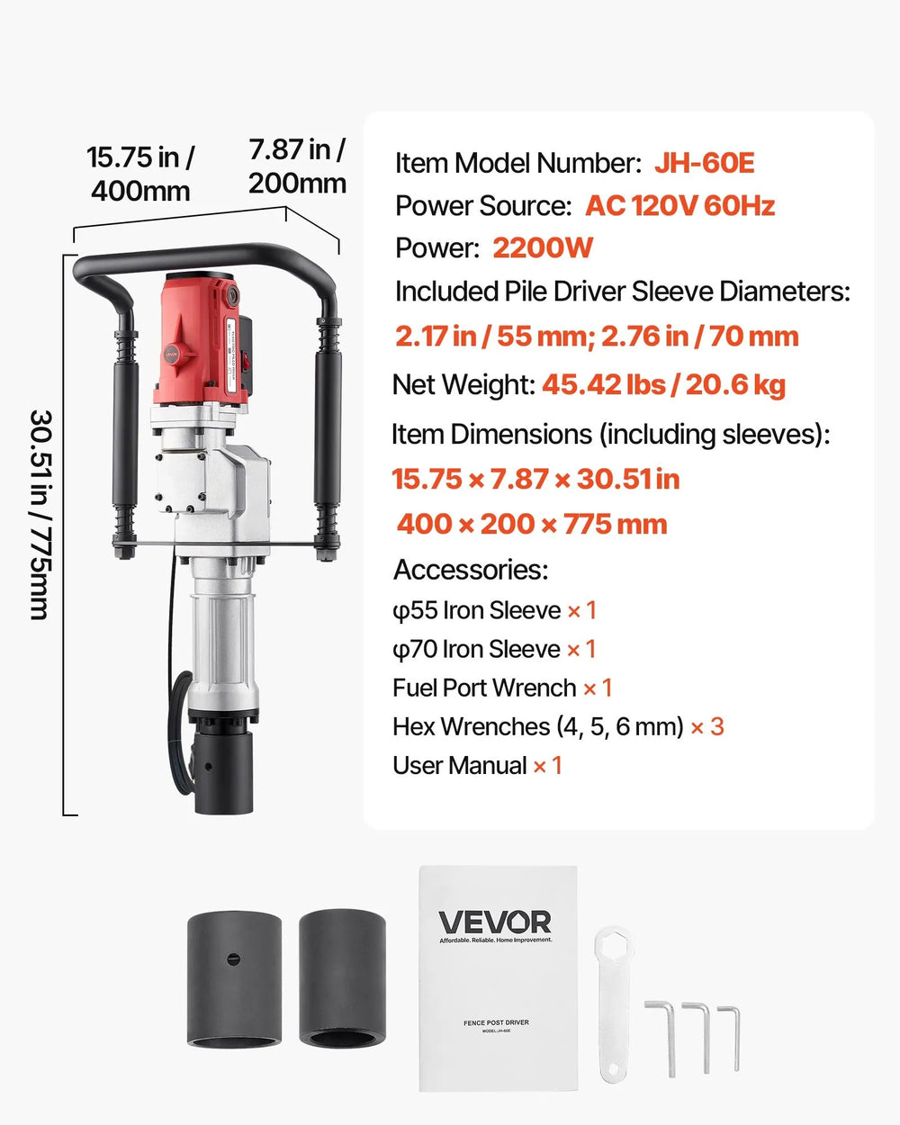 Vevor Electric T Post Driver 2200W 1900 BPM Handheld with 2 Sleeves New