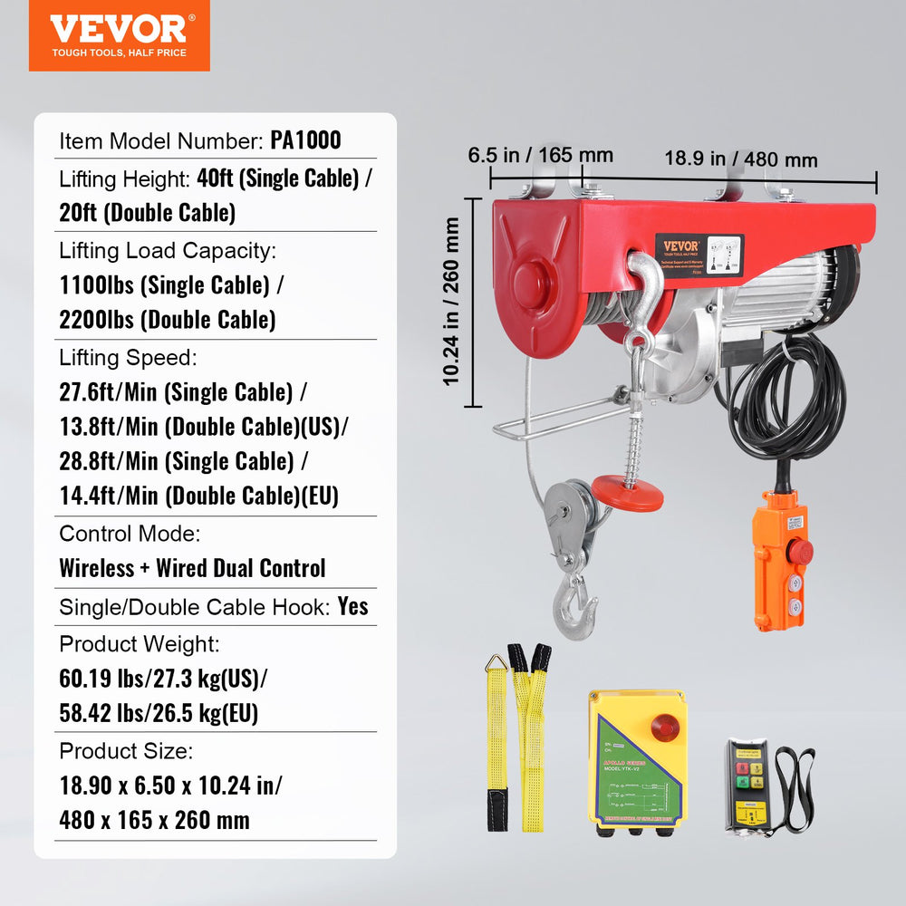 Vevor Electric Hoist Crane Winch 2200 Lbs Capacity Wireless and Wired Remote New
