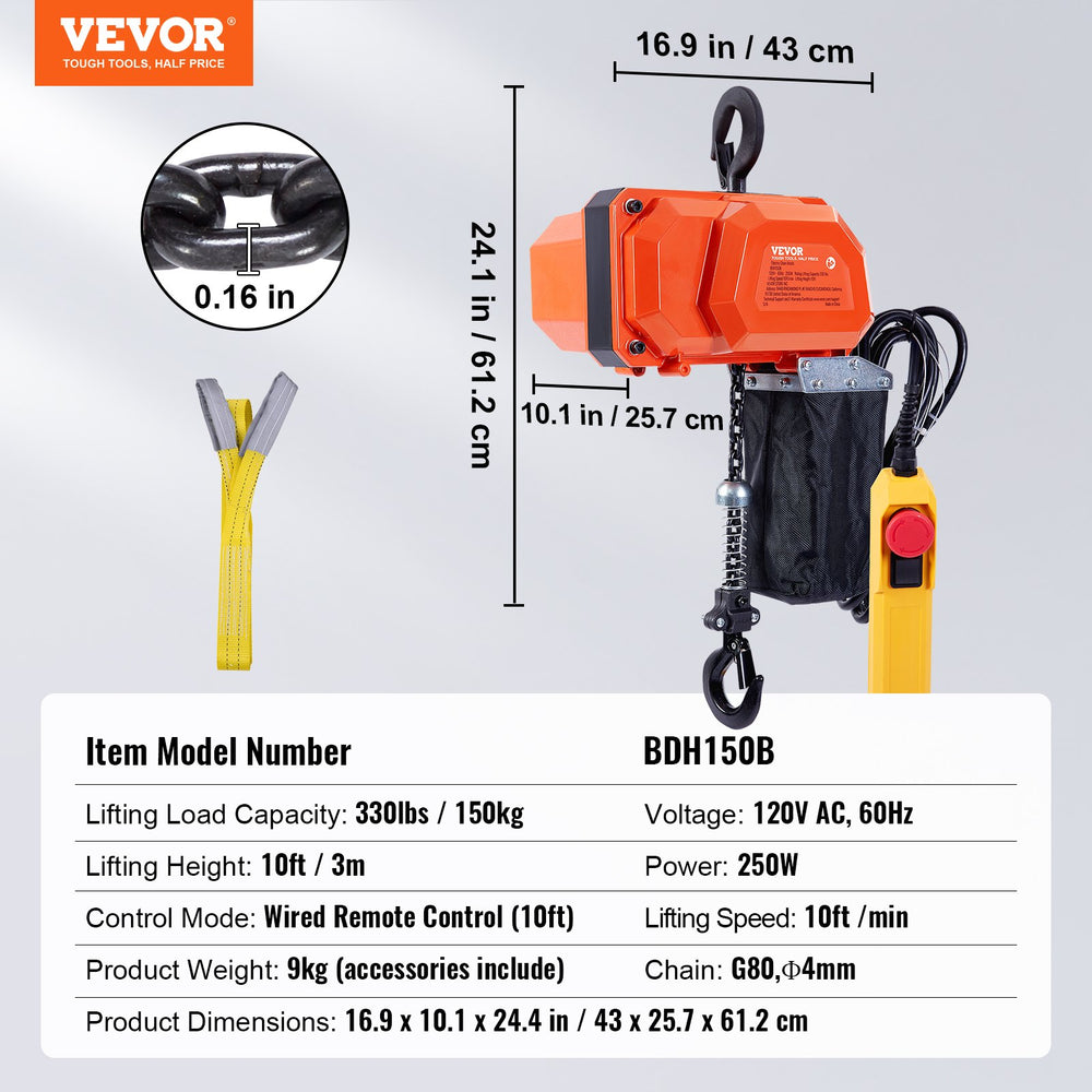 Vevor Electric Chain Hoist 330 lbs Load Capacity 10' Lift Height 120V New