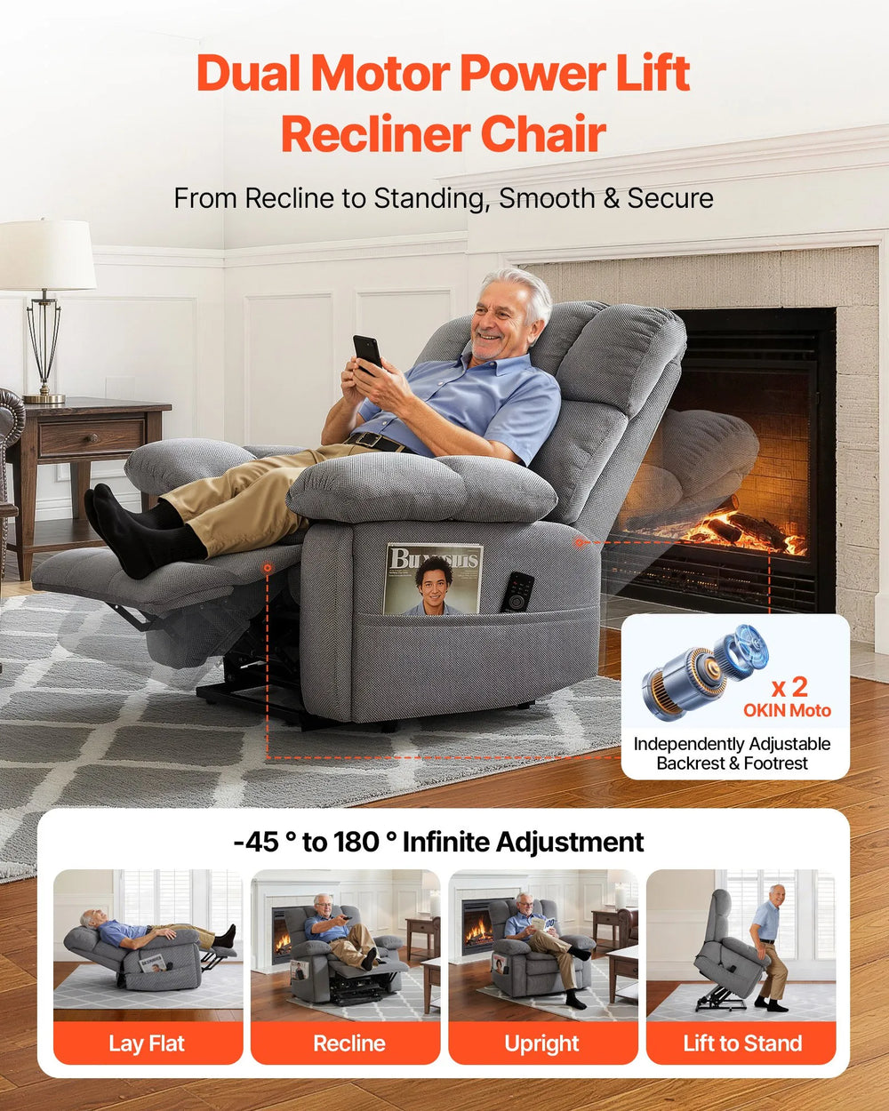 Vevor Power Recliner Chair with Lift to Stand Heat and Massage Dual Motor New