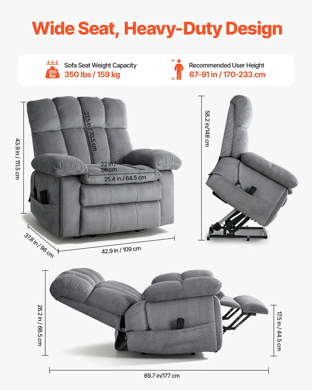 Vevor Power Recliner Chair with Lift to Stand Heat and Massage Dual Motor New