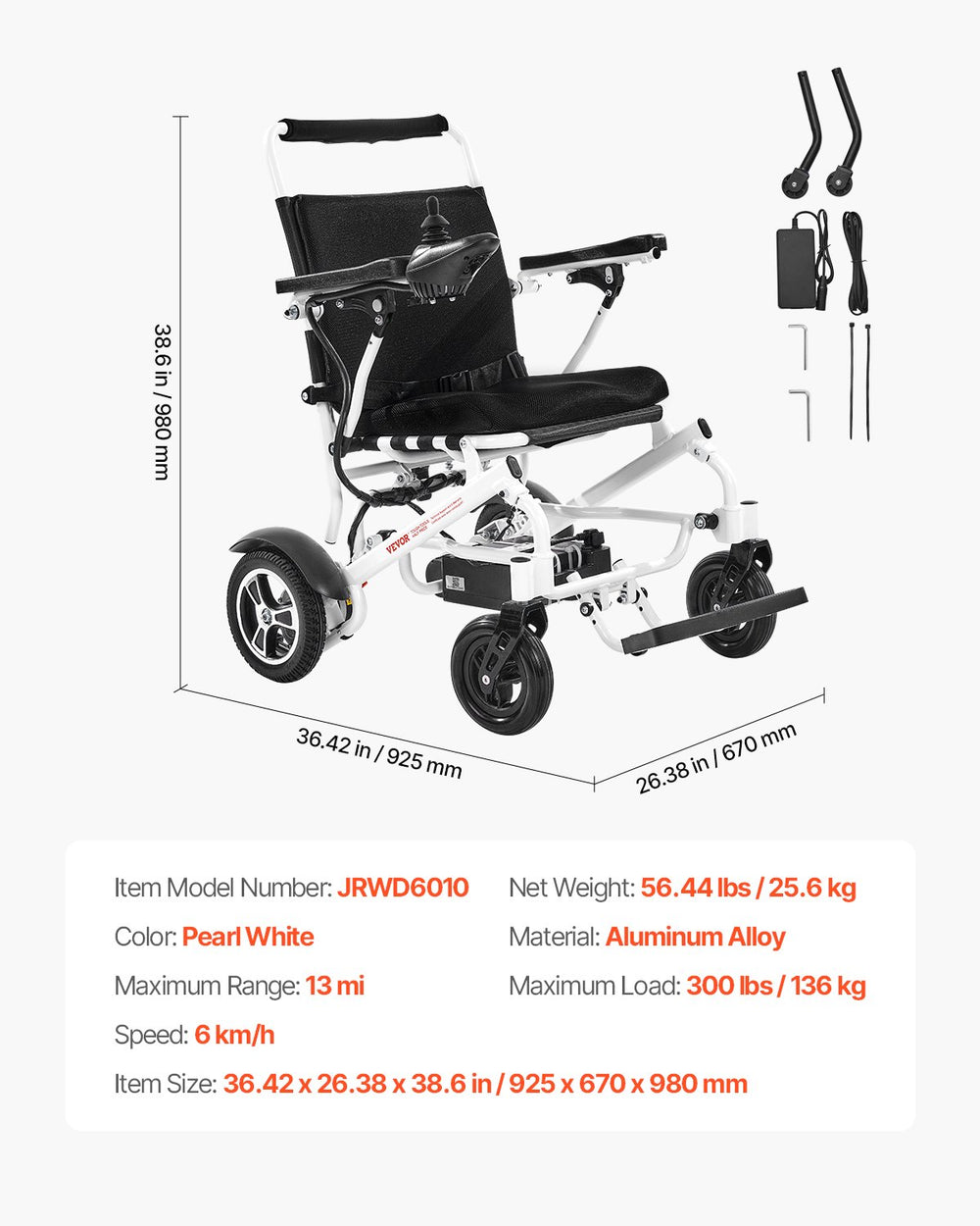 Vevor Electric Wheelchair 21" Seat Width Foldable with 300 lbs. Capacity 3.7 MPH 13 Mile Range New