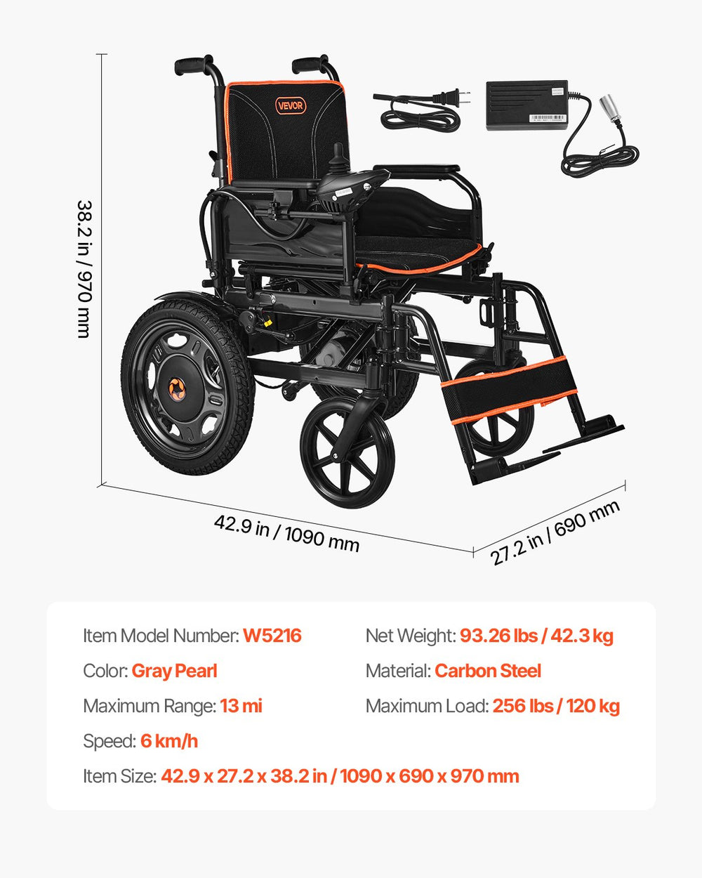 Vevor Electric Wheelchair All-Terrain Foldable 17.5" Seat 3.7 MPH 13 Mile Range 24V New