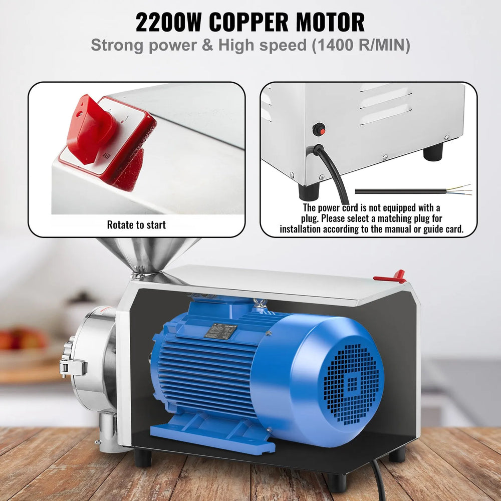 Vevor Grain Grinding Mill Stainless Steel 0-50 Mesh 1400 RPM 2200W New
