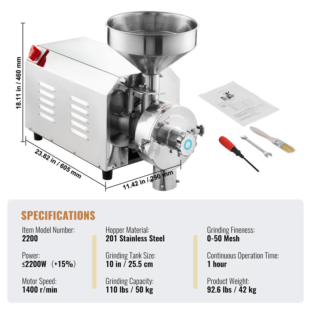 Vevor Grain Grinding Mill Stainless Steel 0-50 Mesh 1400 RPM 2200W New
