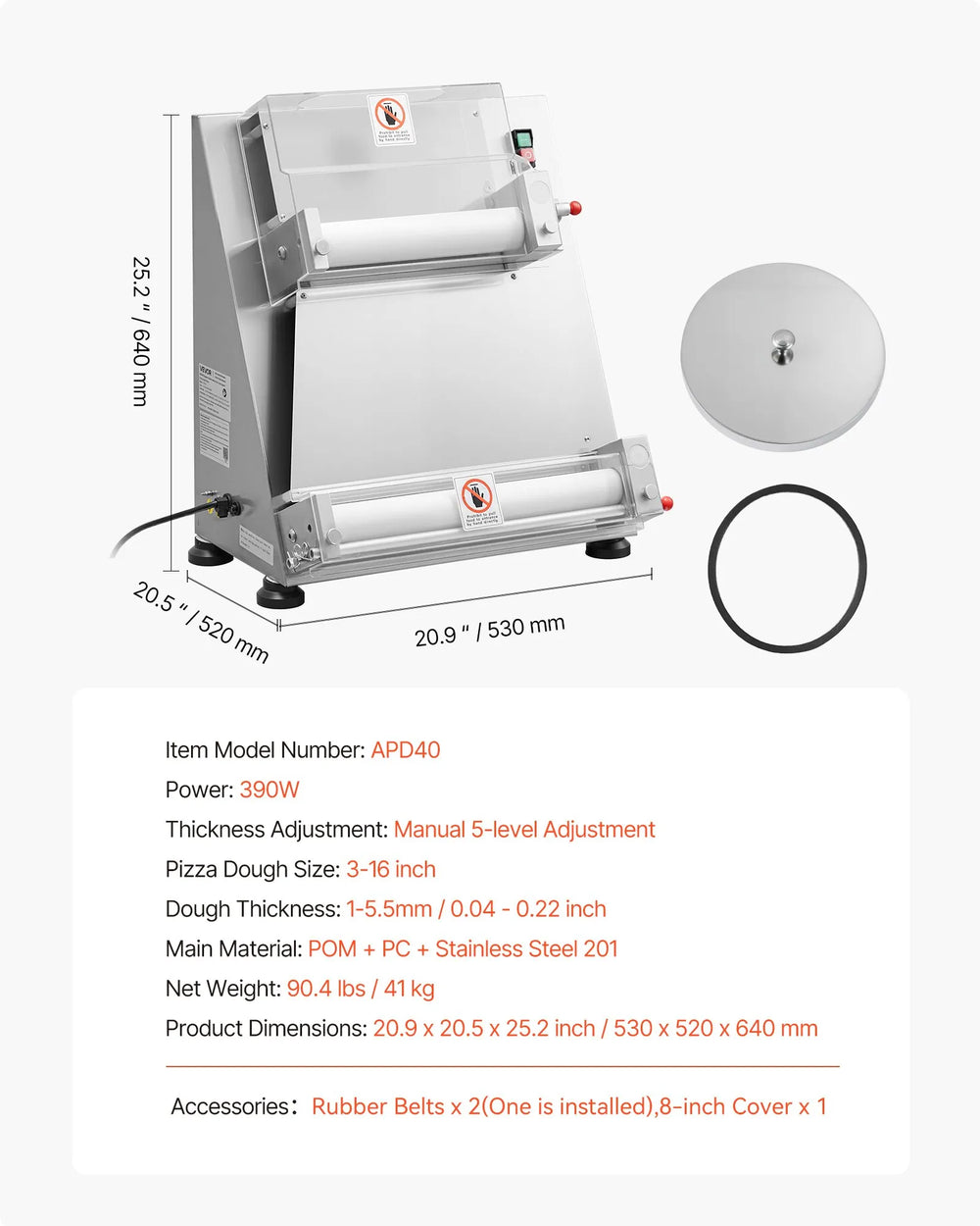 Vevor Pizza Dough Roller Sheeter 3-16 Inch Semi-Automatic Adjustable Thickness 390W New