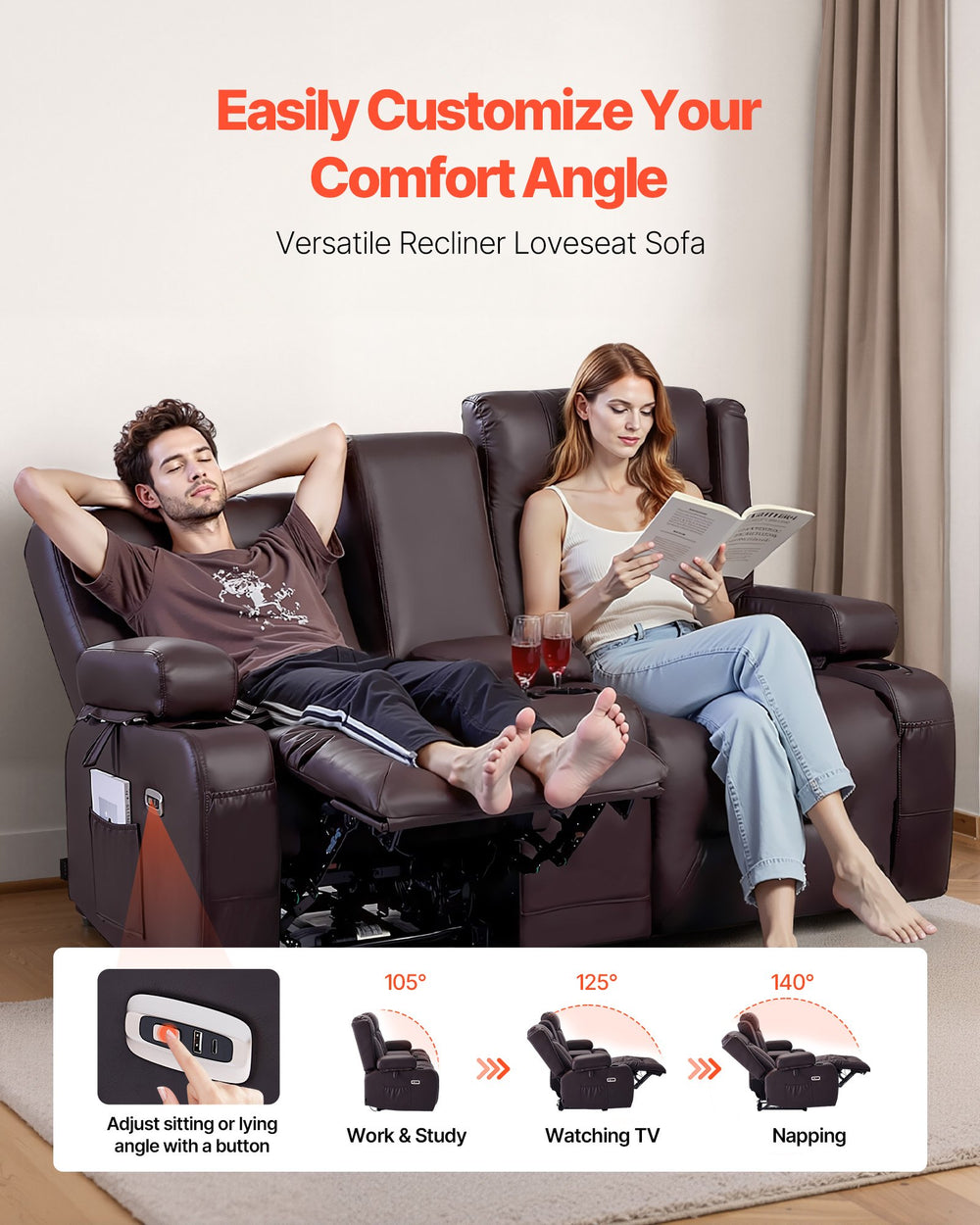 Vevor Loveseat Power Recliner Sofa with Center Console Heating and Massage New