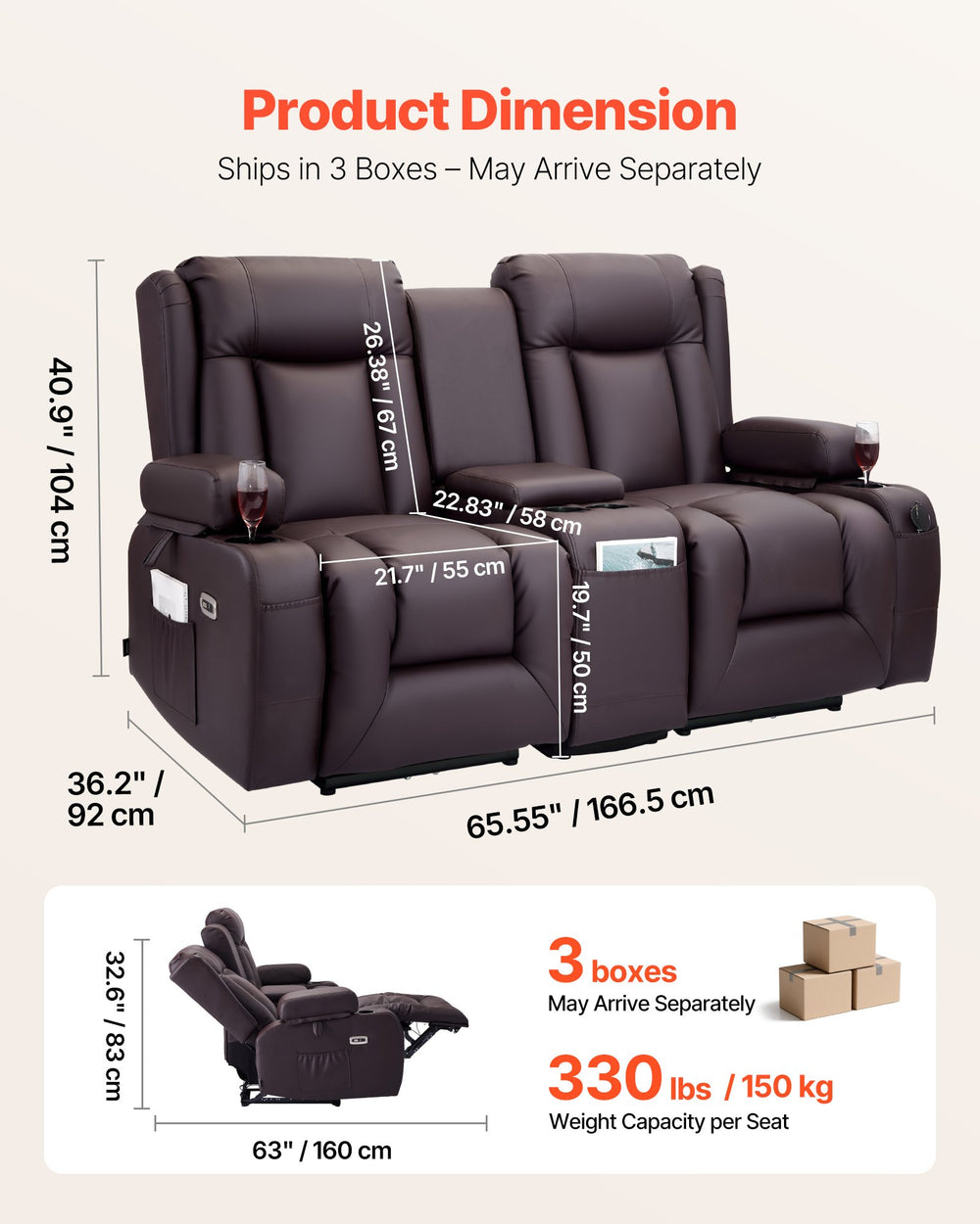 Vevor Loveseat Power Recliner Sofa with Center Console Heating and Massage New