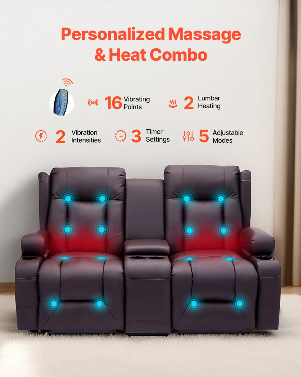 Vevor Loveseat Power Recliner Sofa with Center Console Heating and Massage New