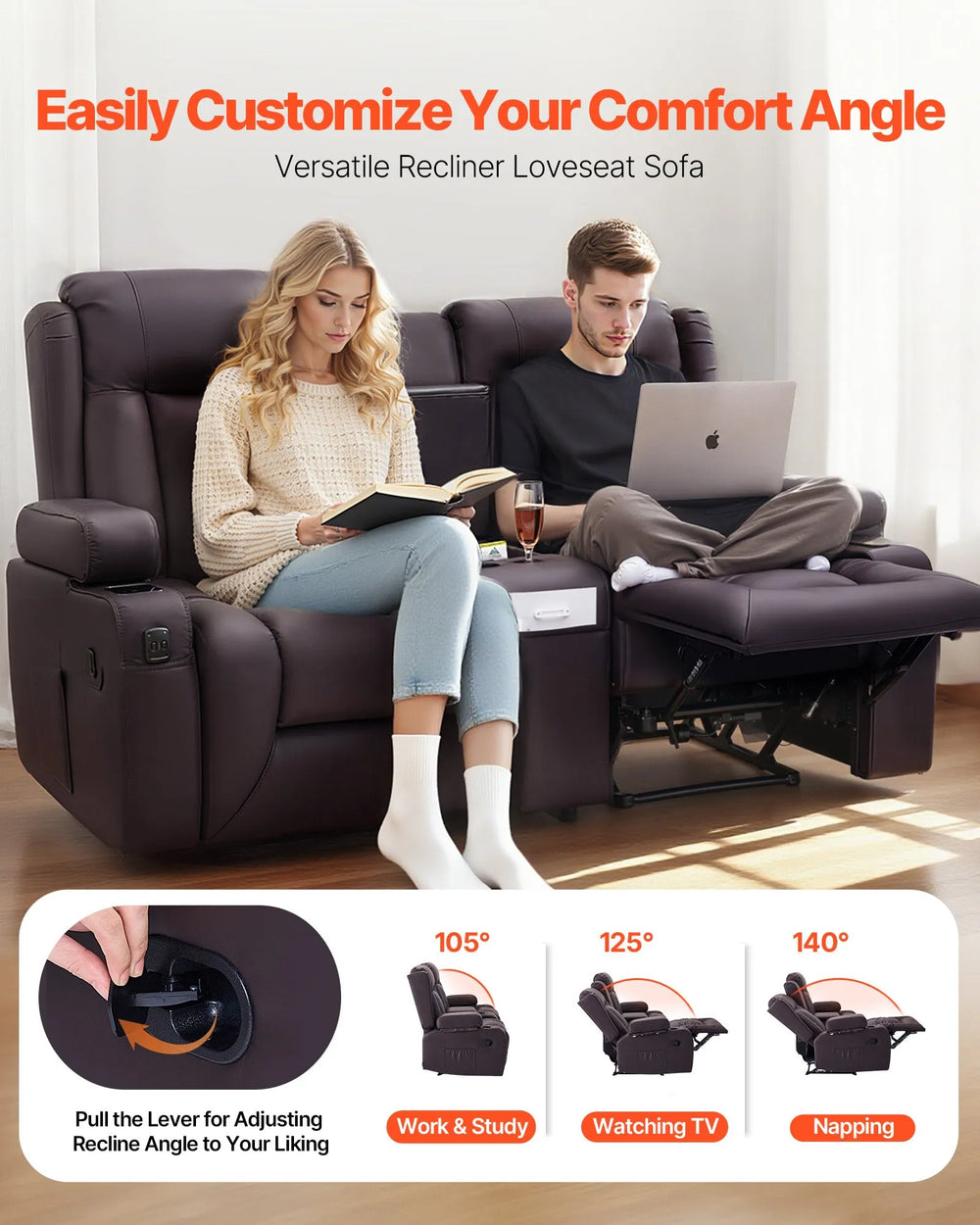 Vevor Loveseat Recliner Sofa with Center Console Faux Leather New