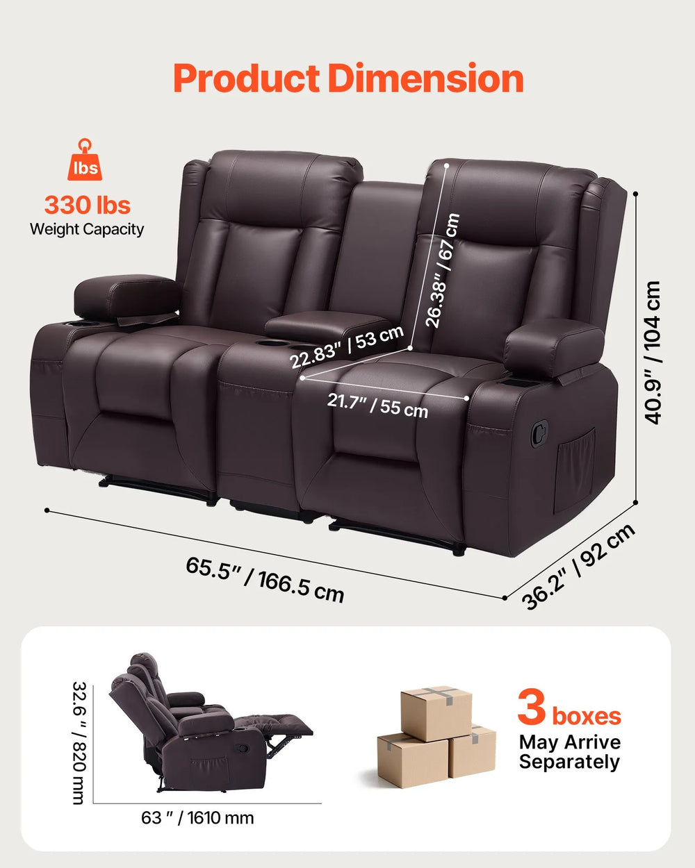Vevor Loveseat Recliner Sofa with Center Console Faux Leather New