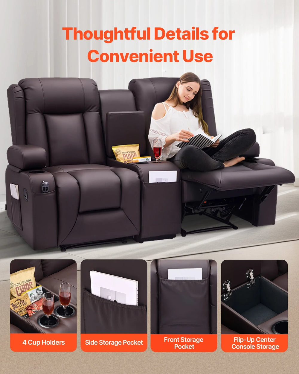 Vevor Loveseat Recliner Sofa with Center Console Faux Leather New