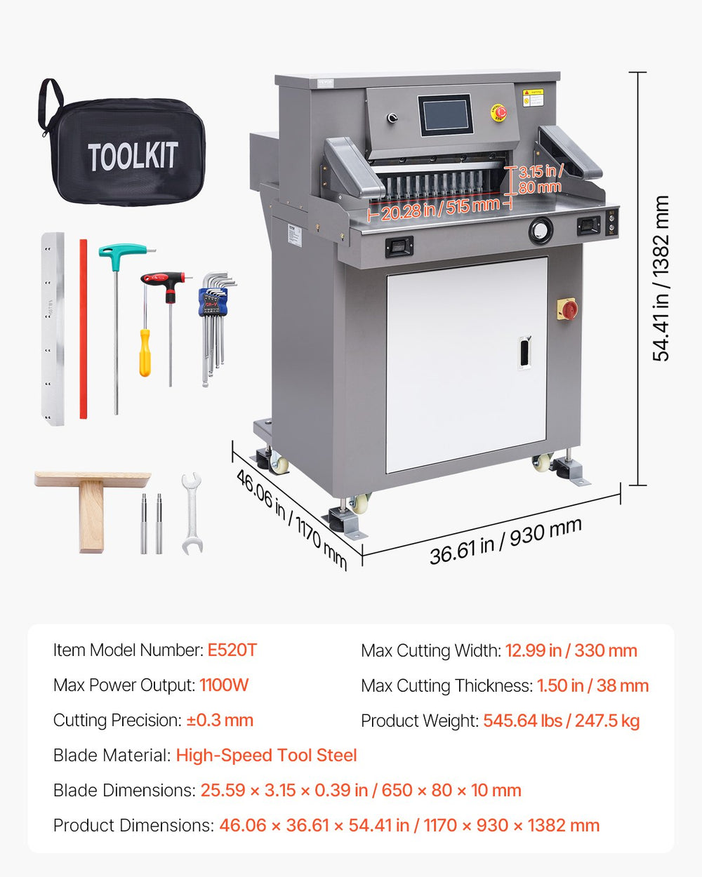 Vevor Electric Paper Cutter 20.3" Cutting Width Touchscreen Control 1100W New
