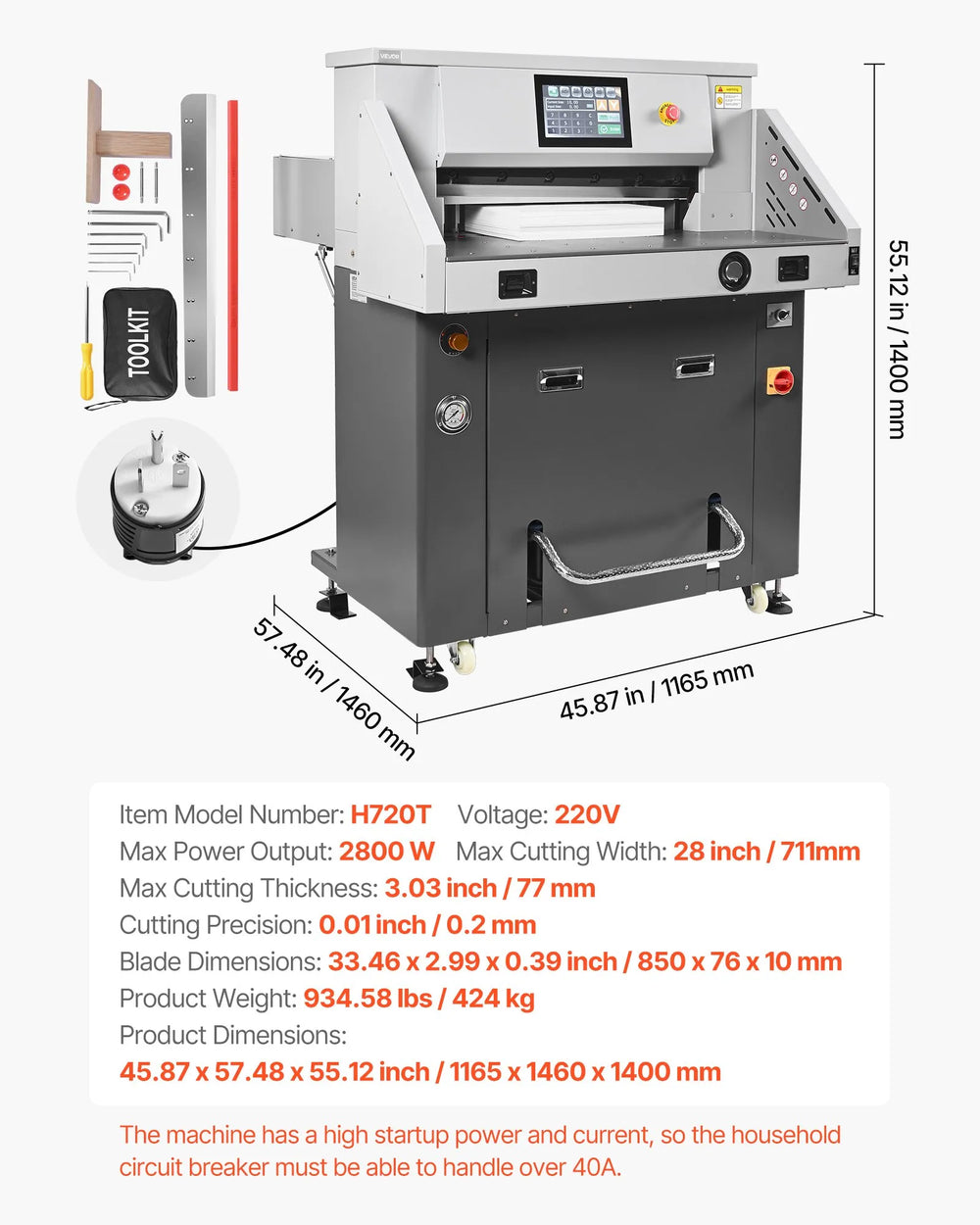 Vevor Electric Paper Cutter 28" Cutting Width 3.03" Thickness 2800W 220V New