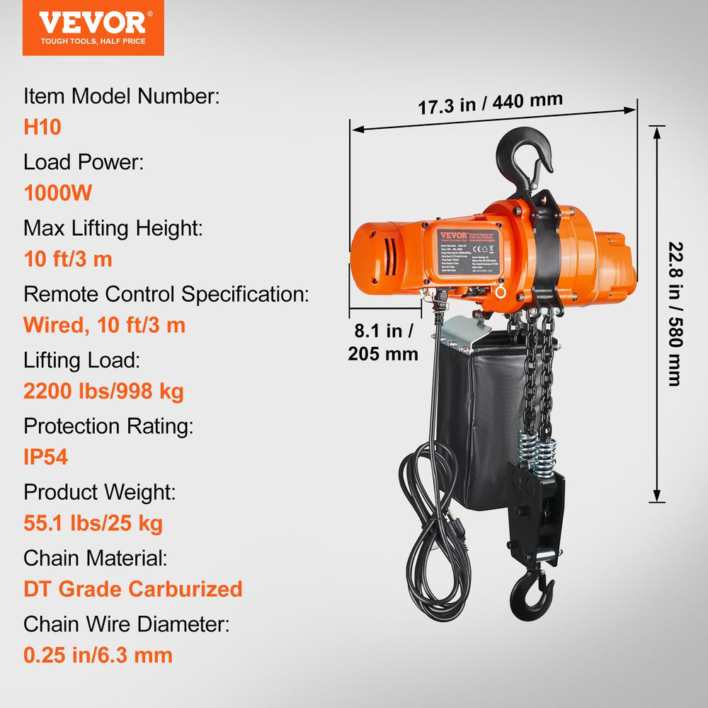 Vevor Electric Chain Hoist Single Phase 2200 Lbs Load 10 Ft Lifting New