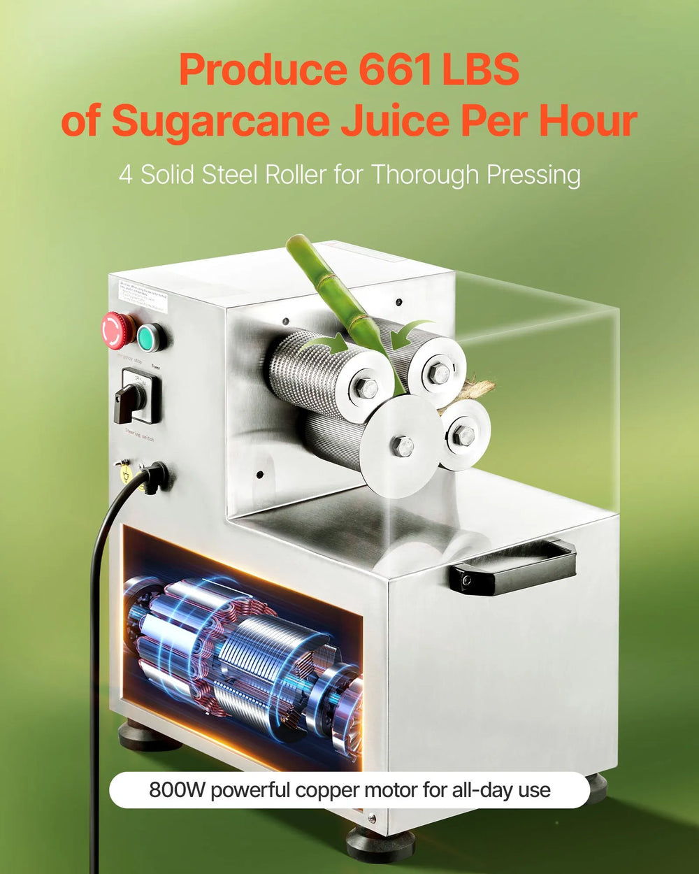 Vevor Commercial Sugarcane Juicer 661 Lbs/Hr Output Stainless Steel 800W New