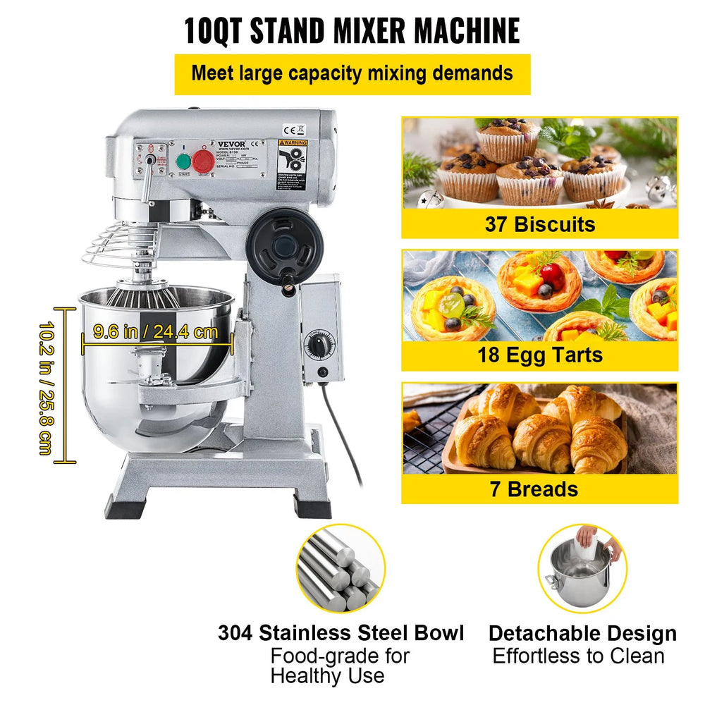 Vevor Commercial Food Mixer 10 Qt with Timing Function 3-Speed 450W New