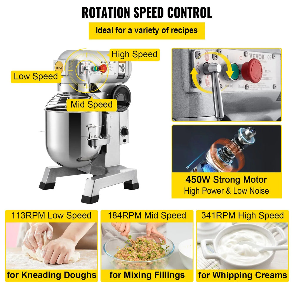 Vevor Commercial Food Mixer 10 Qt with Timing Function 3-Speed 450W New