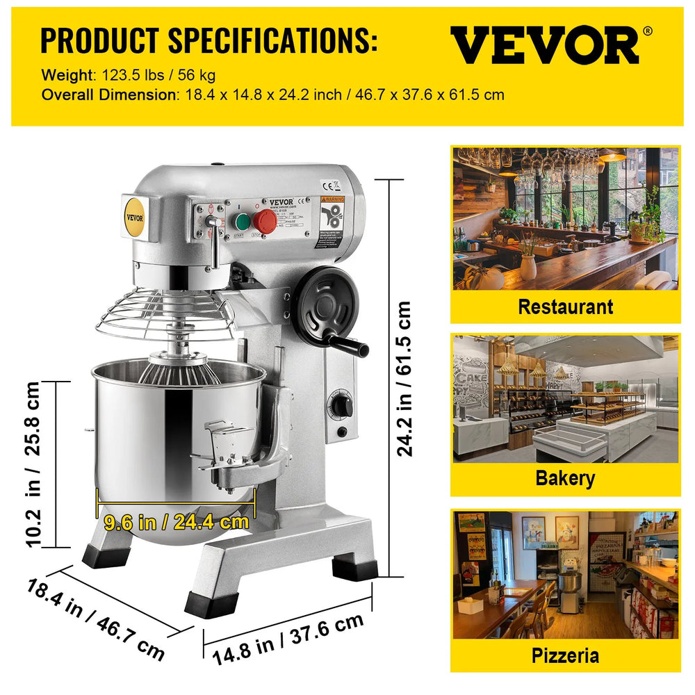 Vevor Commercial Food Mixer 10 Qt with Timing Function 3-Speed 450W New