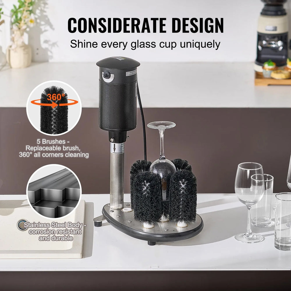 Vevor Electric Bar Glass Washer 5-Brush 360° Cleaner 1200 Glasses/Hour New