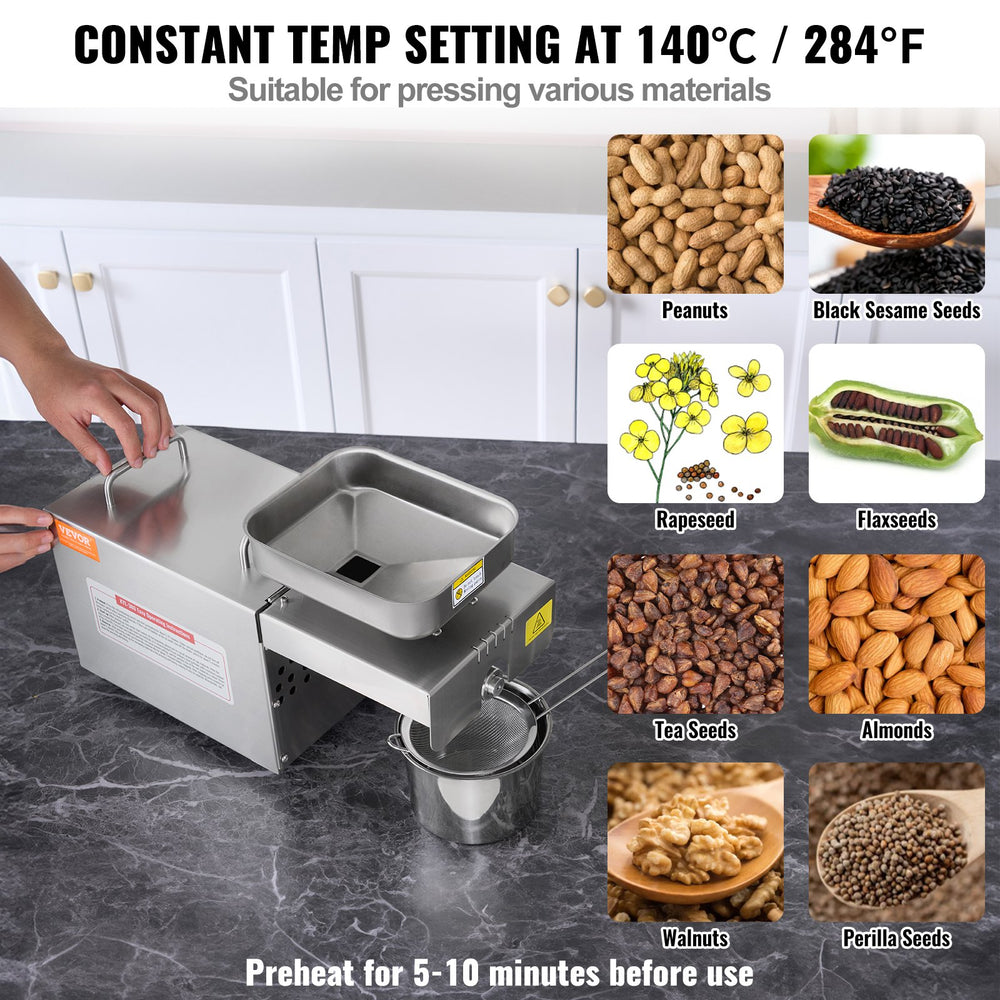 Vevor Electric Oil Press Machine Stainless Steel 284°F Constant Temperature 700W New