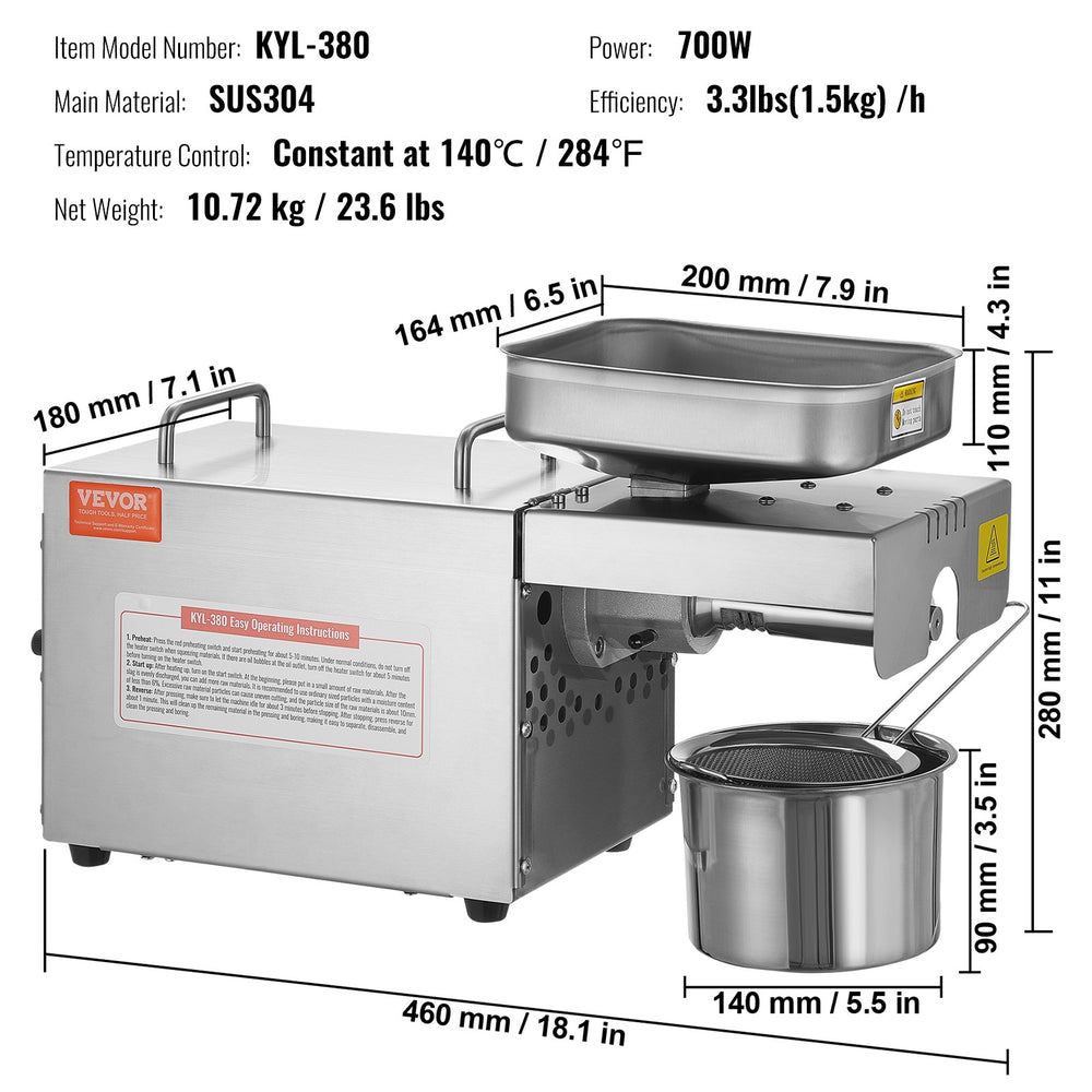 Vevor Electric Oil Press Machine Stainless Steel 284°F Constant Temperature 700W New