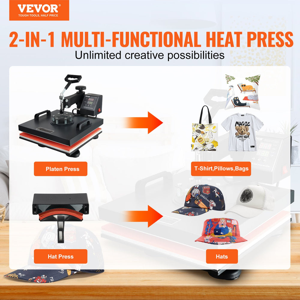 Vevor Heat Press Machine 15"x15" DIY 2-in-1 T-shirt and Hat Press New