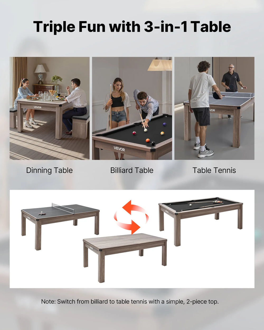Vevor Pool Table Combo Set 3-in-1 Ping Pong and Dining Top with Benches New