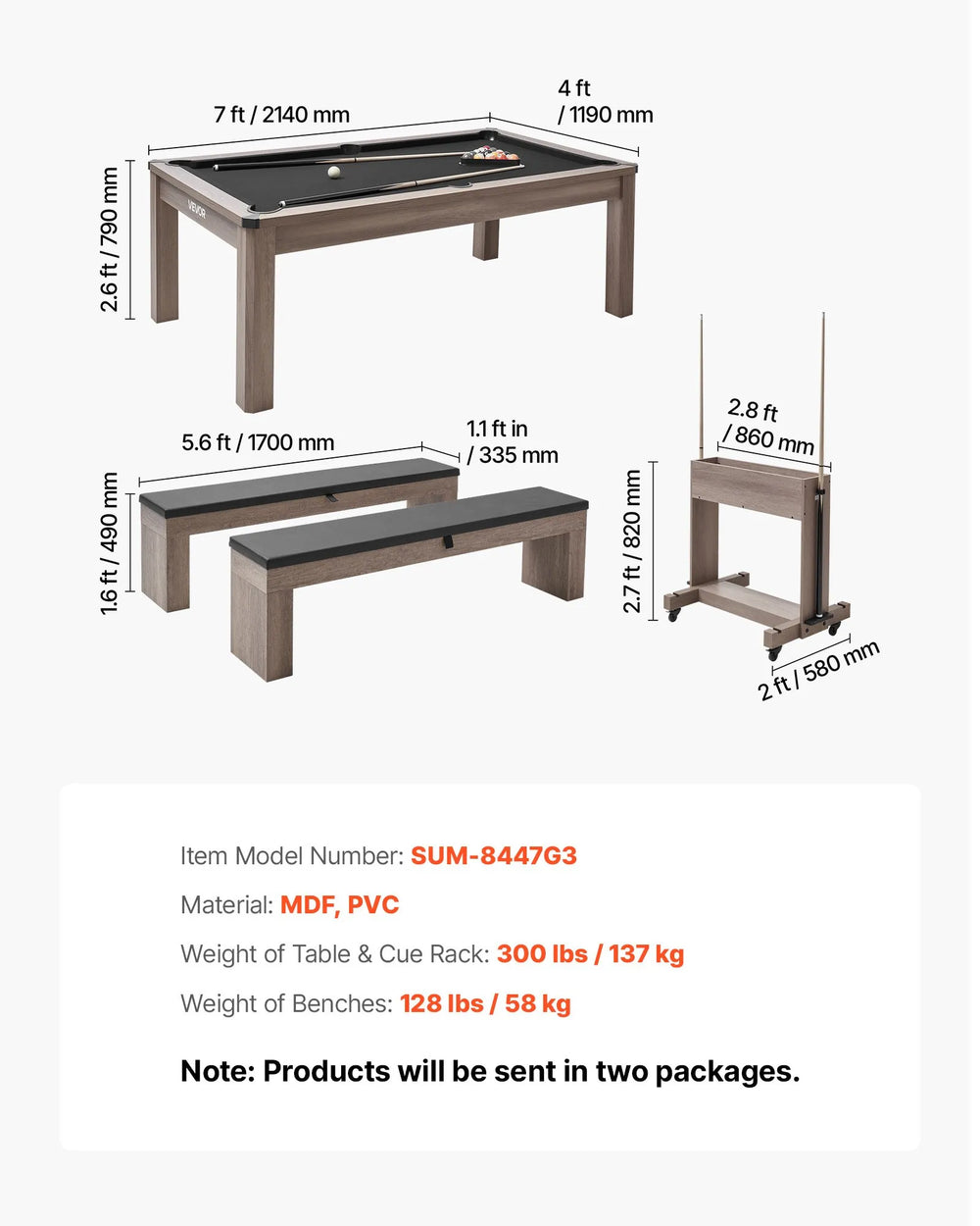 Vevor Pool Table Combo Set 3-in-1 Ping Pong and Dining Top with Benches New