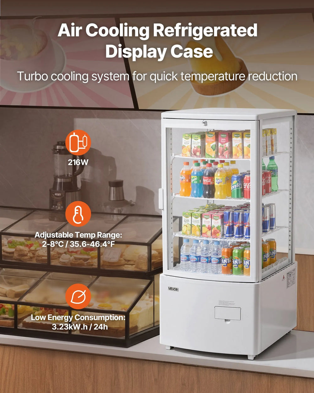 Vevor Refrigerated Display Case 3 Cu. Ft. 3-Tier with LED Lighting Turbo Cooling New