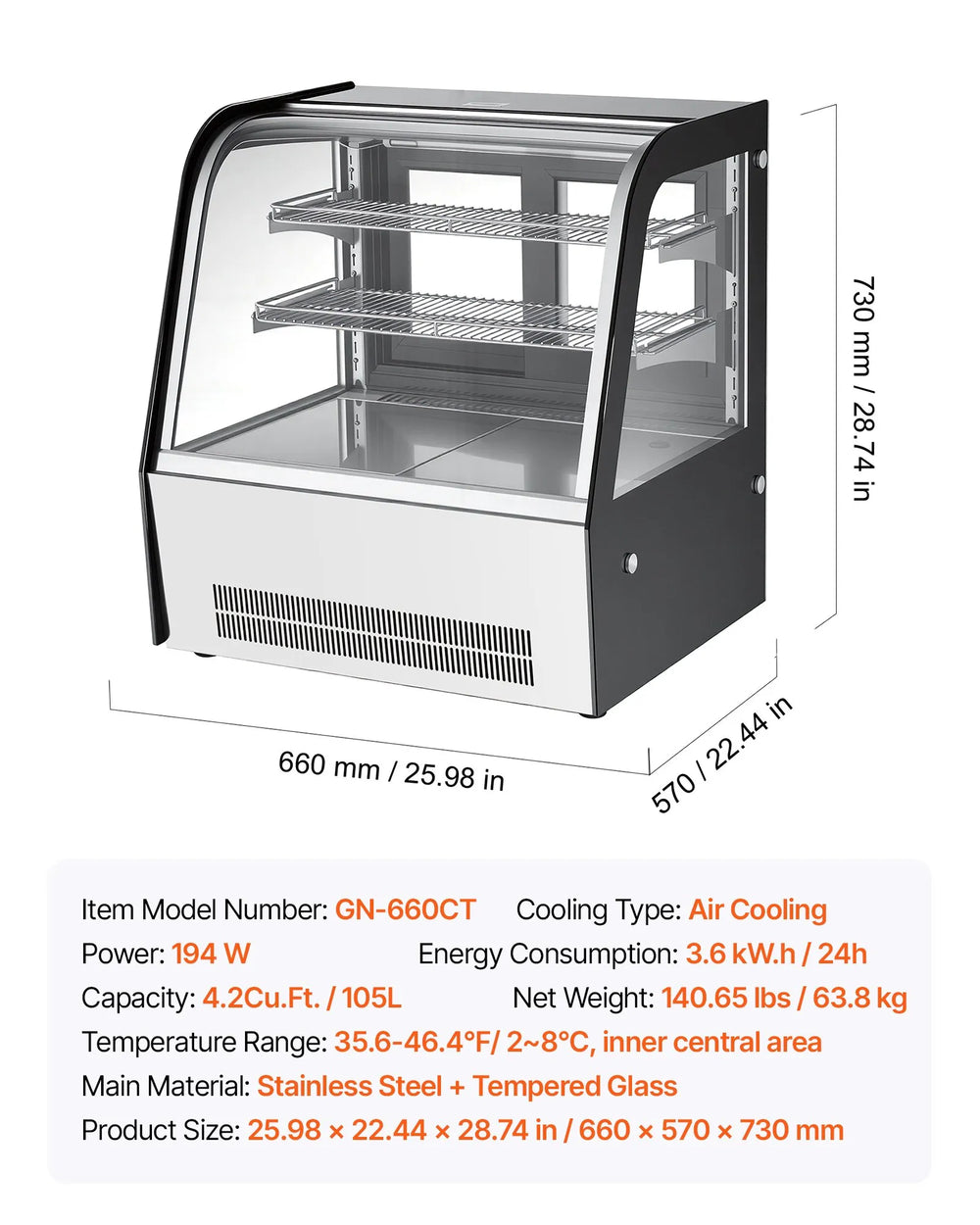 Vevor Refrigerated Display Case 4.2 Cu. Ft. 2-Tier with LED Lighting Turbo Cooling New