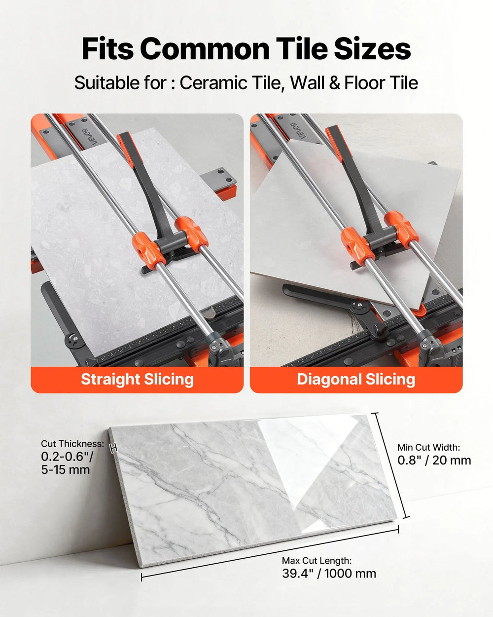 Vevor Manual Tile Cutter 39.4 in. with Spring-Loaded Base and Angle Fence New