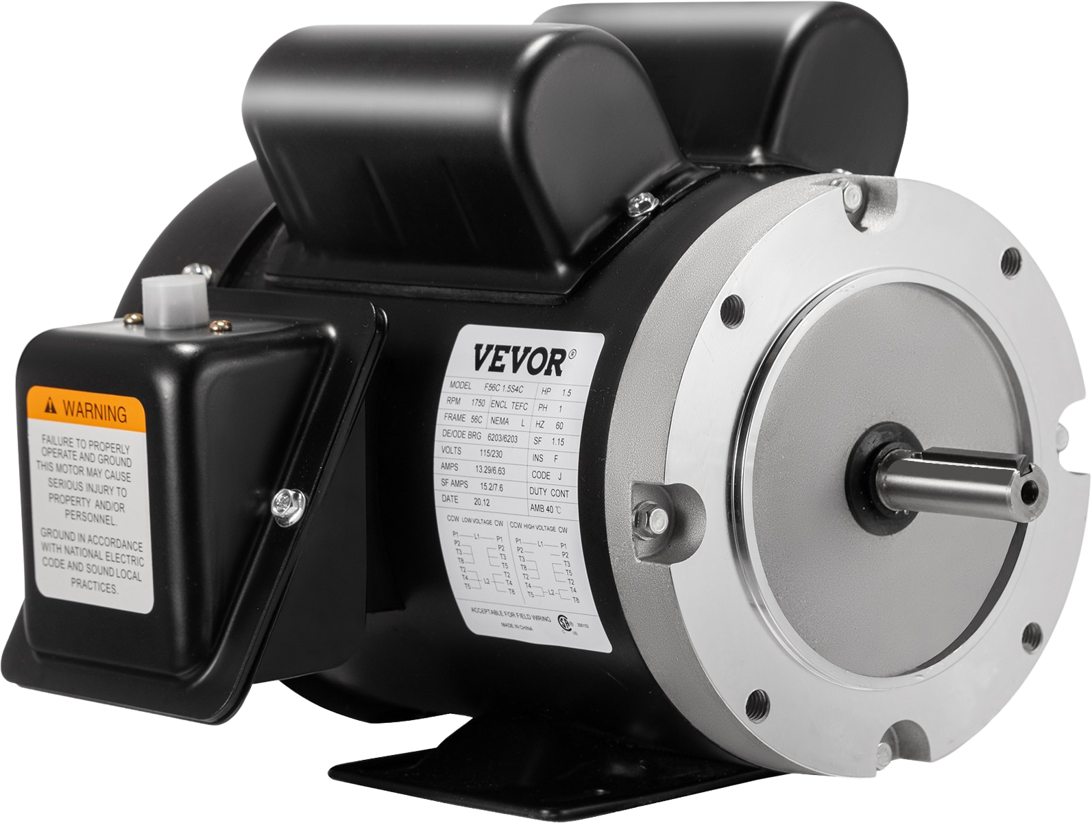 Vevor Electric Motor 56C Frame 1.5 HP Single Phase TEFC 115/230V New