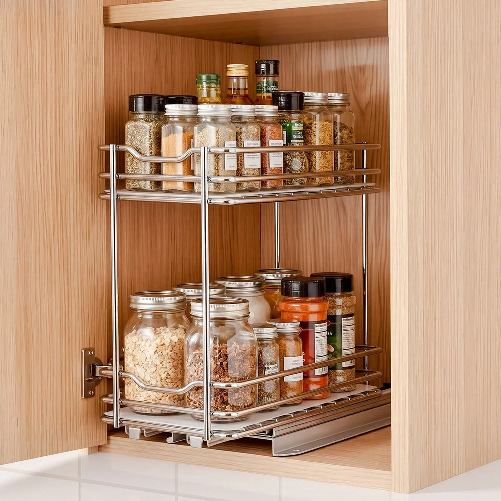 Vevor Pull-Out Spice Rack Organizer 2-Tier Cabinet Basket 4.33" x 8.46" x 10.43" Silver New