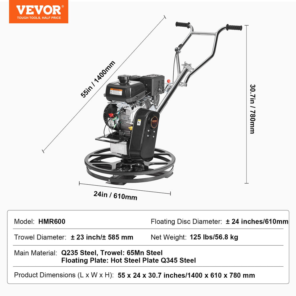 Vevor Power Cement Trowel Walk-Behind 24" 6HP Gas-Powered with Float Pan Blade New