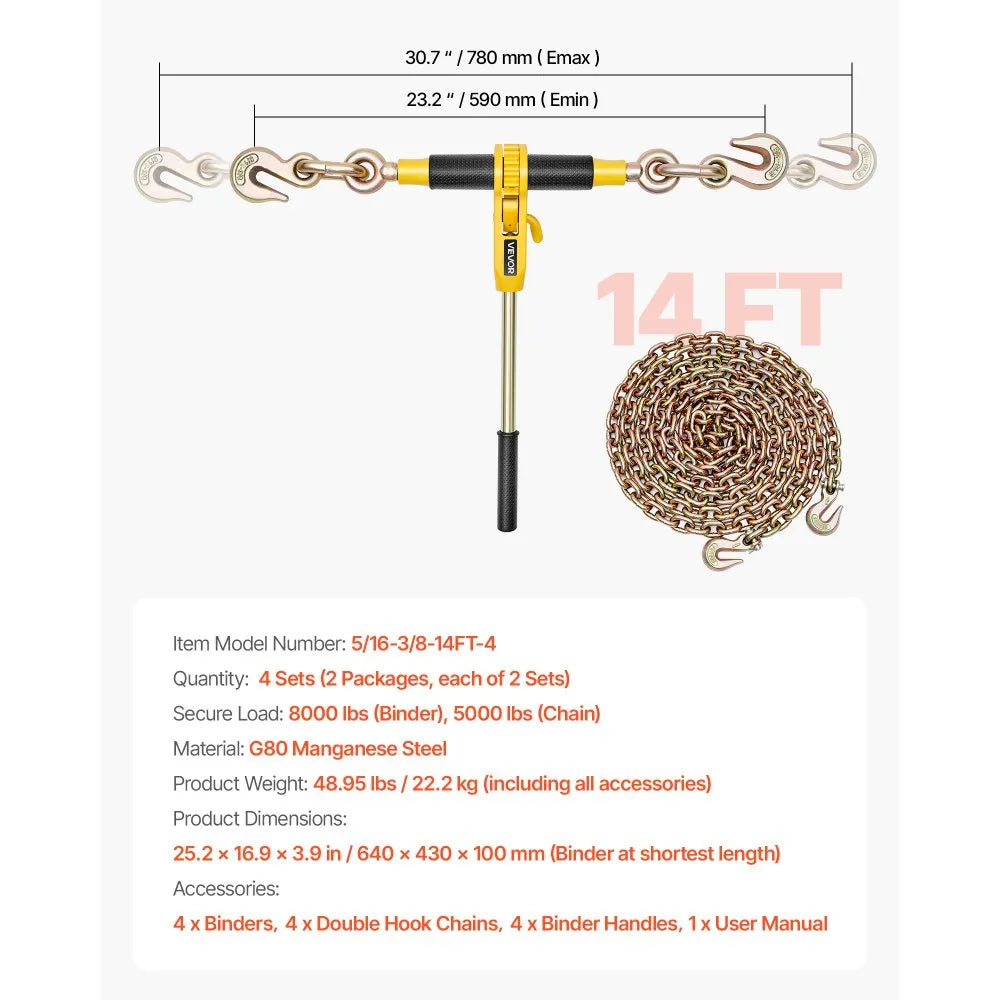 Vevor Ratchet Chain Binders 5/16" x 14' G80 Chains 8,000 lb. Working Load Set of 4 New