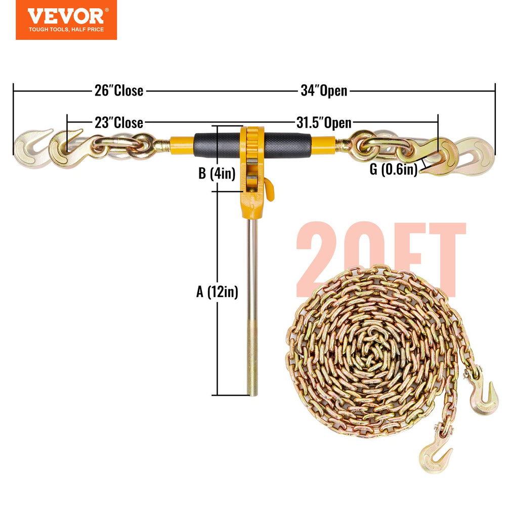 Vevor Ratchet Chain Binder 3/8"-1/2" with G80 Chains 12,000 Lbs Load Limit 2-Pack New