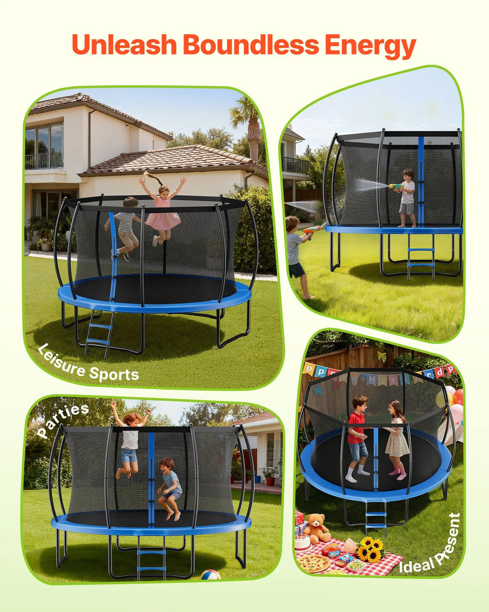 Vevor Trampoline 14 ft. with Enclosure Net Curved Rods 450 lb. Capacity New