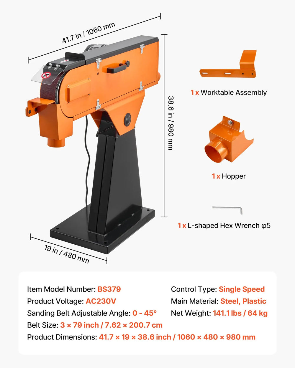 Vevor Belt Grinder Sander 3" x 79" with 0-45° Adjustable Angle & Dust Collection 230V New