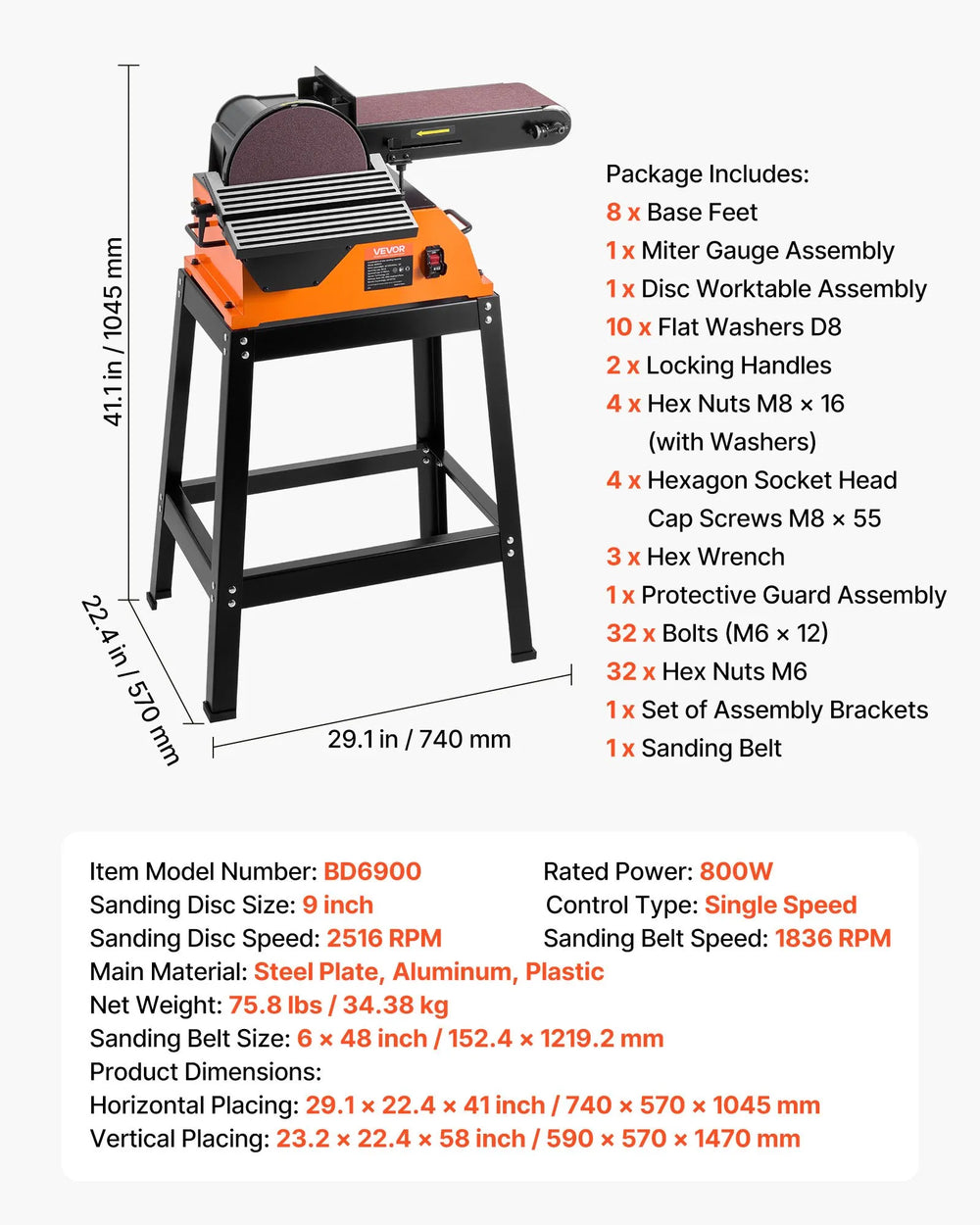 Vevor Belt Sander 6 x 48 in. with 9 in. Disc Combo 0-45° Adjustable Worktable 800W New