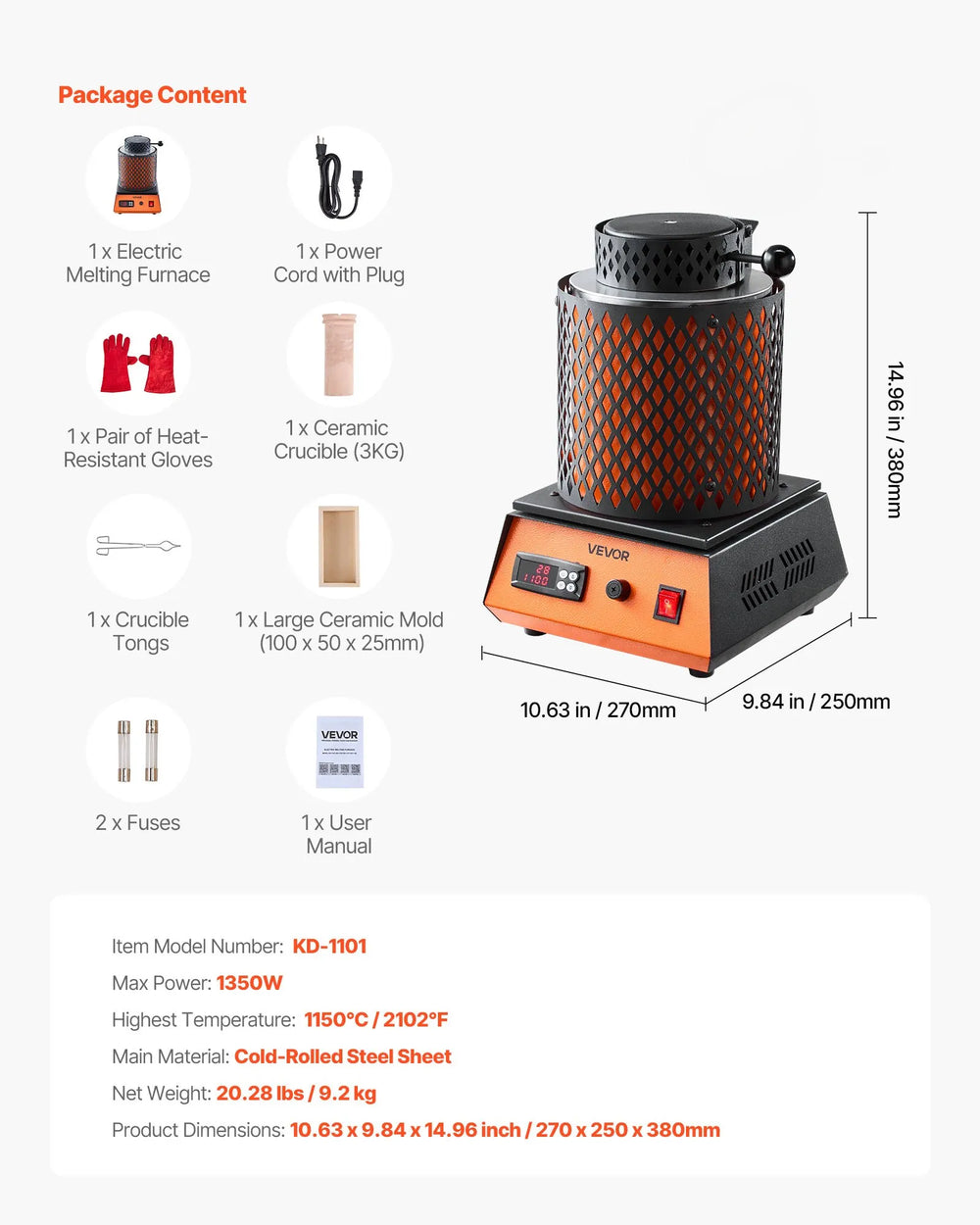 Vevor Electric Melting Furnace 1350W 2102°F Max Digital Temp Control with 3kg Crucible New