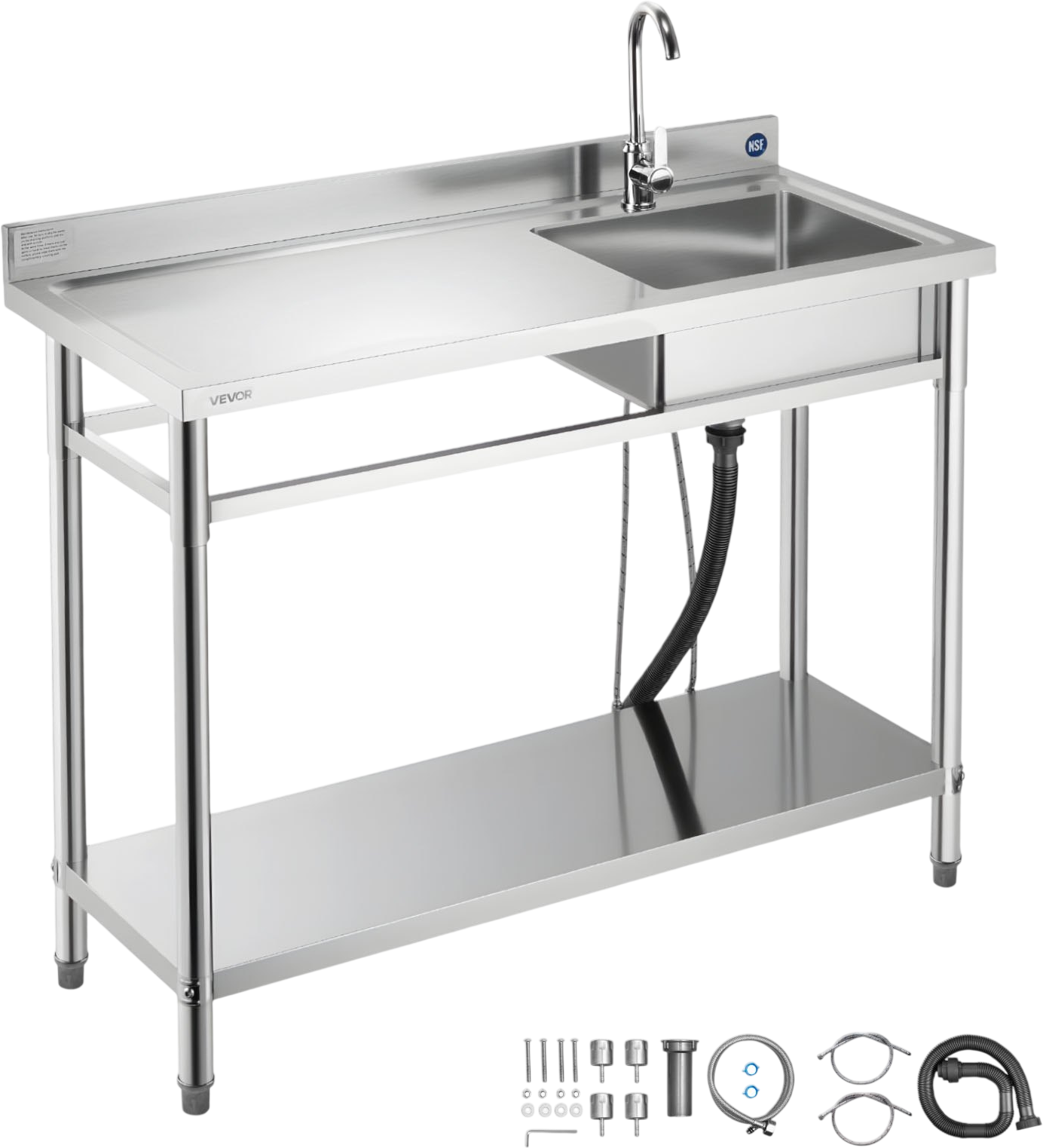 Vevor Utility Sink 47 x 19.7 in. with Left Drainboard Adjustable Shelf Stainless Steel New