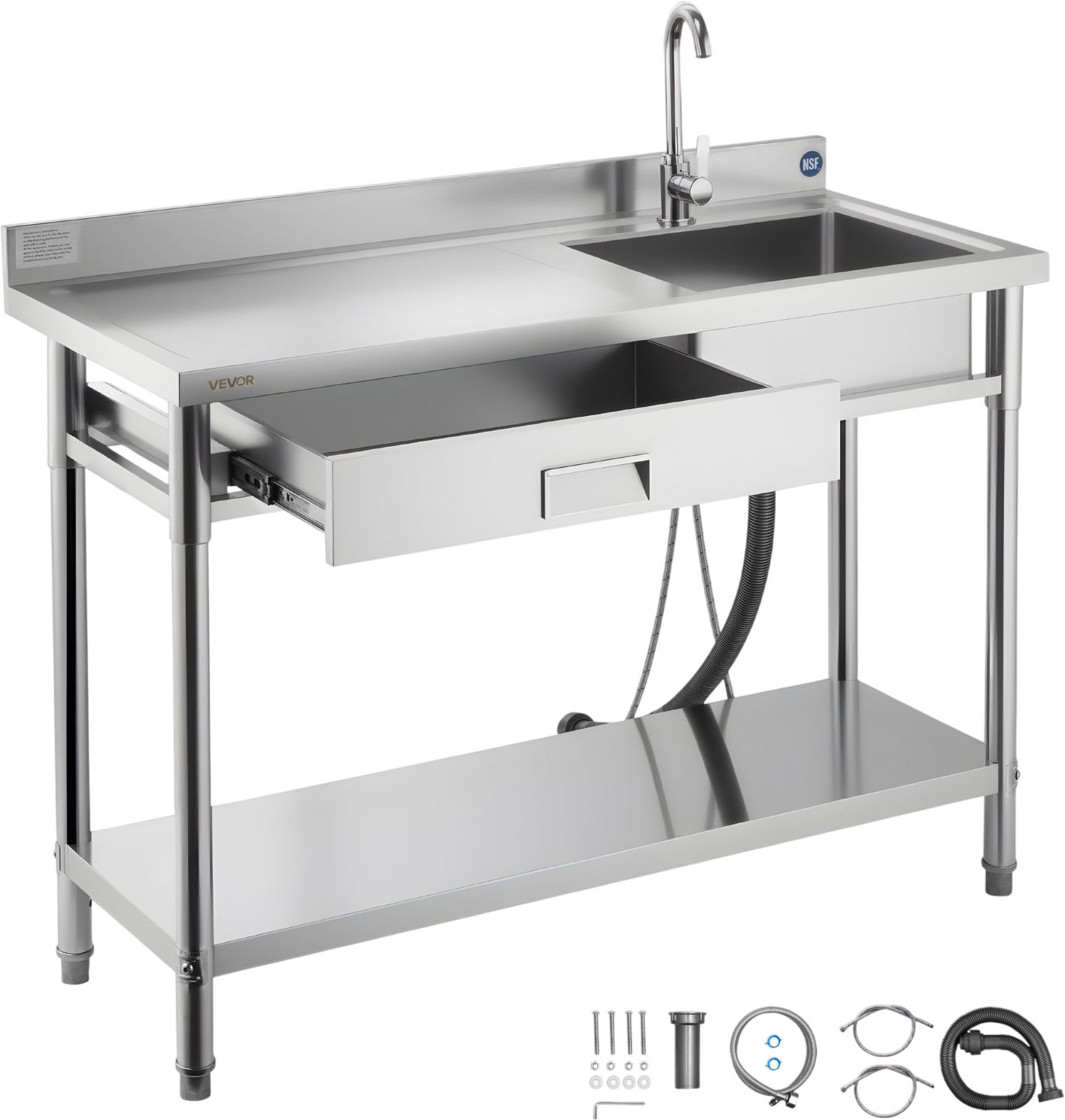 Vevor Utility Sink 47 x 19.7 in. with Casters Drawer Left Drainboard Stainless Steel New