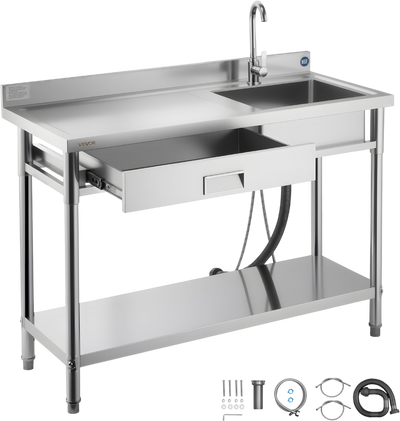 Vevor Utility Sink 47 x 19.7 in. with Casters Drawer Left Drainboard Stainless Steel New