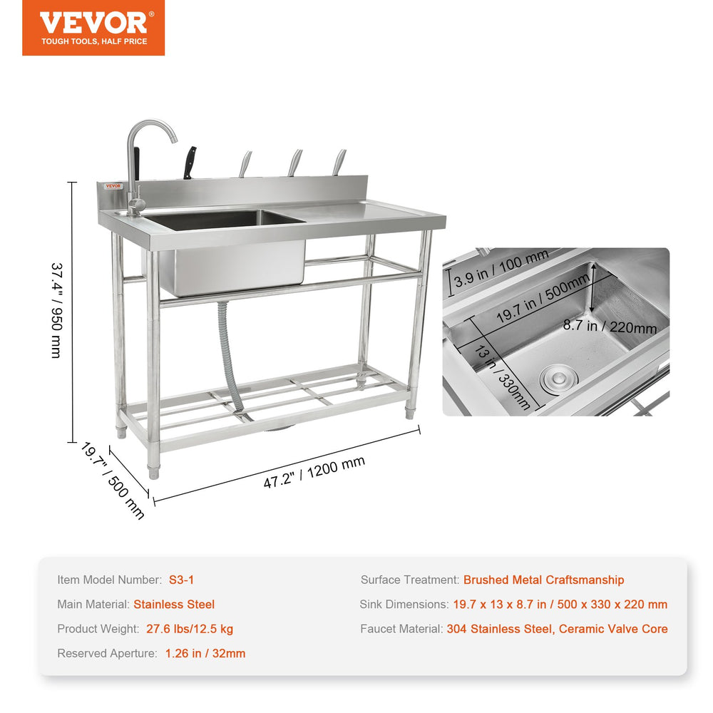 Vevor Stainless Steel Utility Sink Free Standing Single Bowl with Workbench 47" x 20" x 37" New