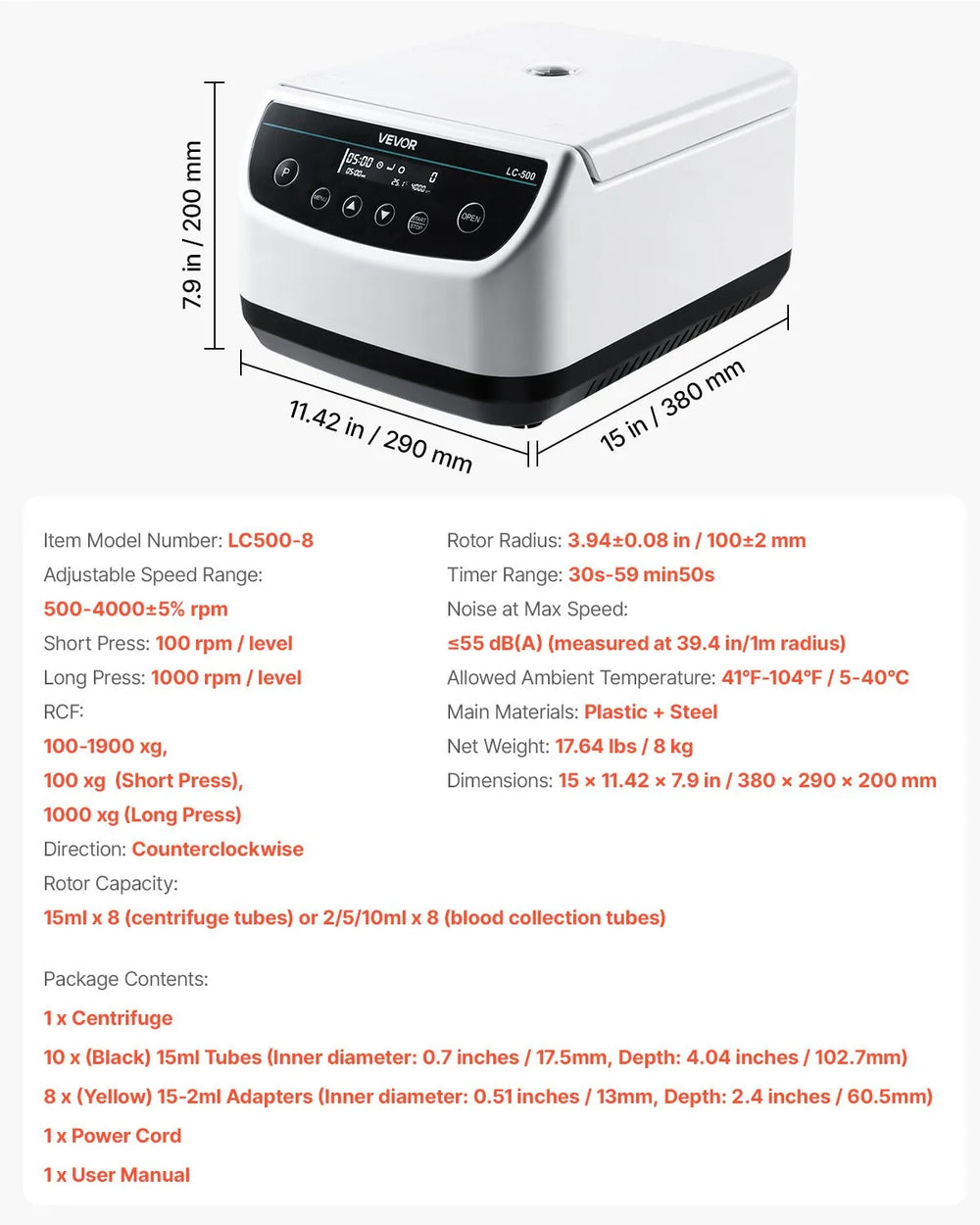 Vevor Centrifuge Machine Single Rotor 100-1900xg RCF 500-4000 RPM with Timer New